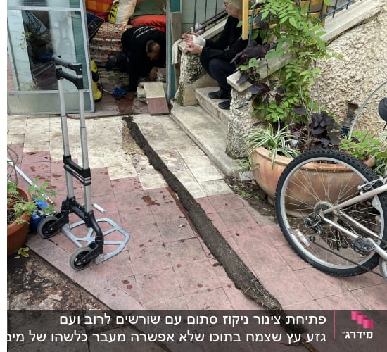 אינסטלטור עובד על צינור ביוב בחצר בית